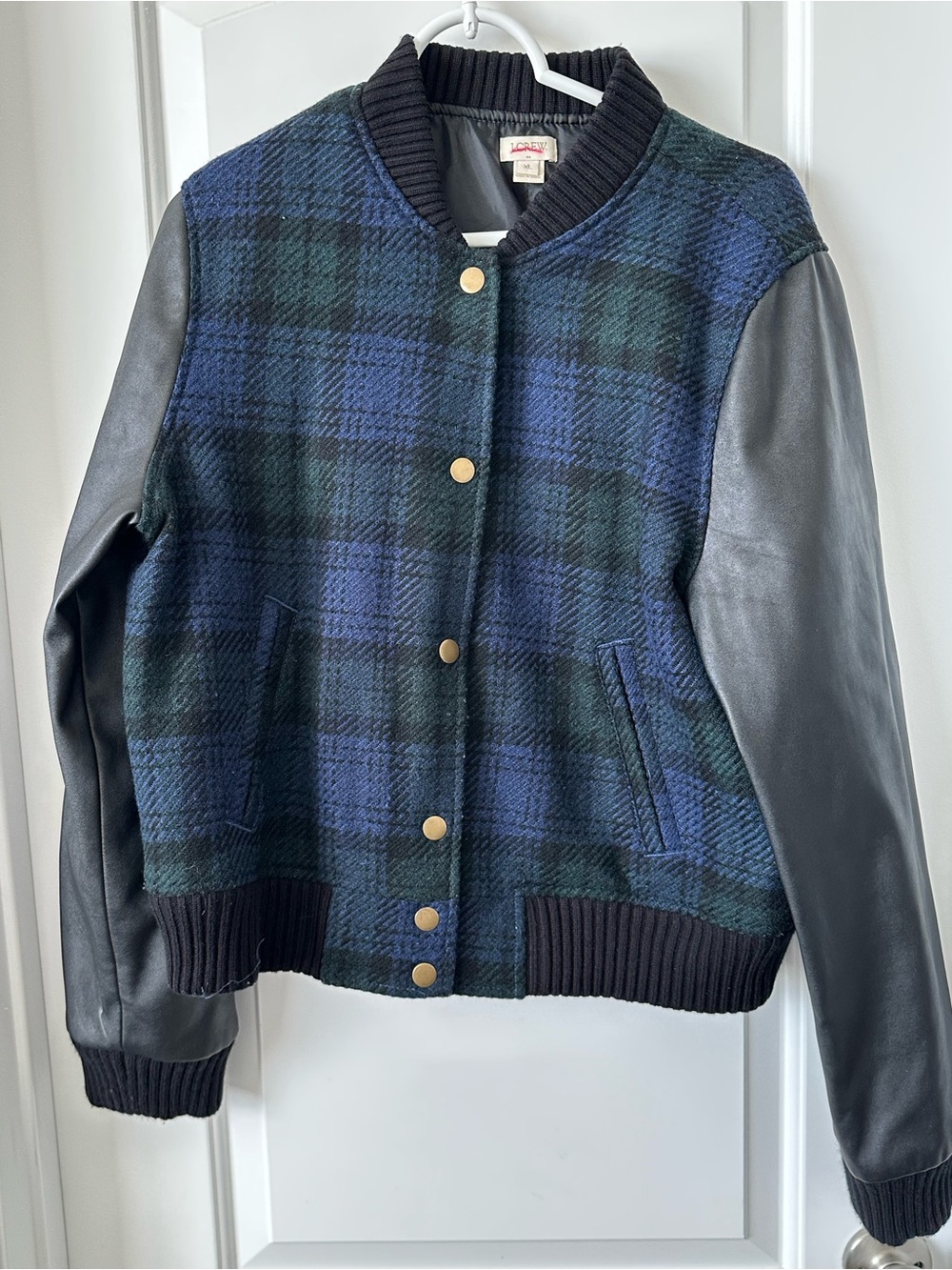 J. Crew Blue and Black Plaid Wool Varsity Jacket with Faux Leather Sleeves